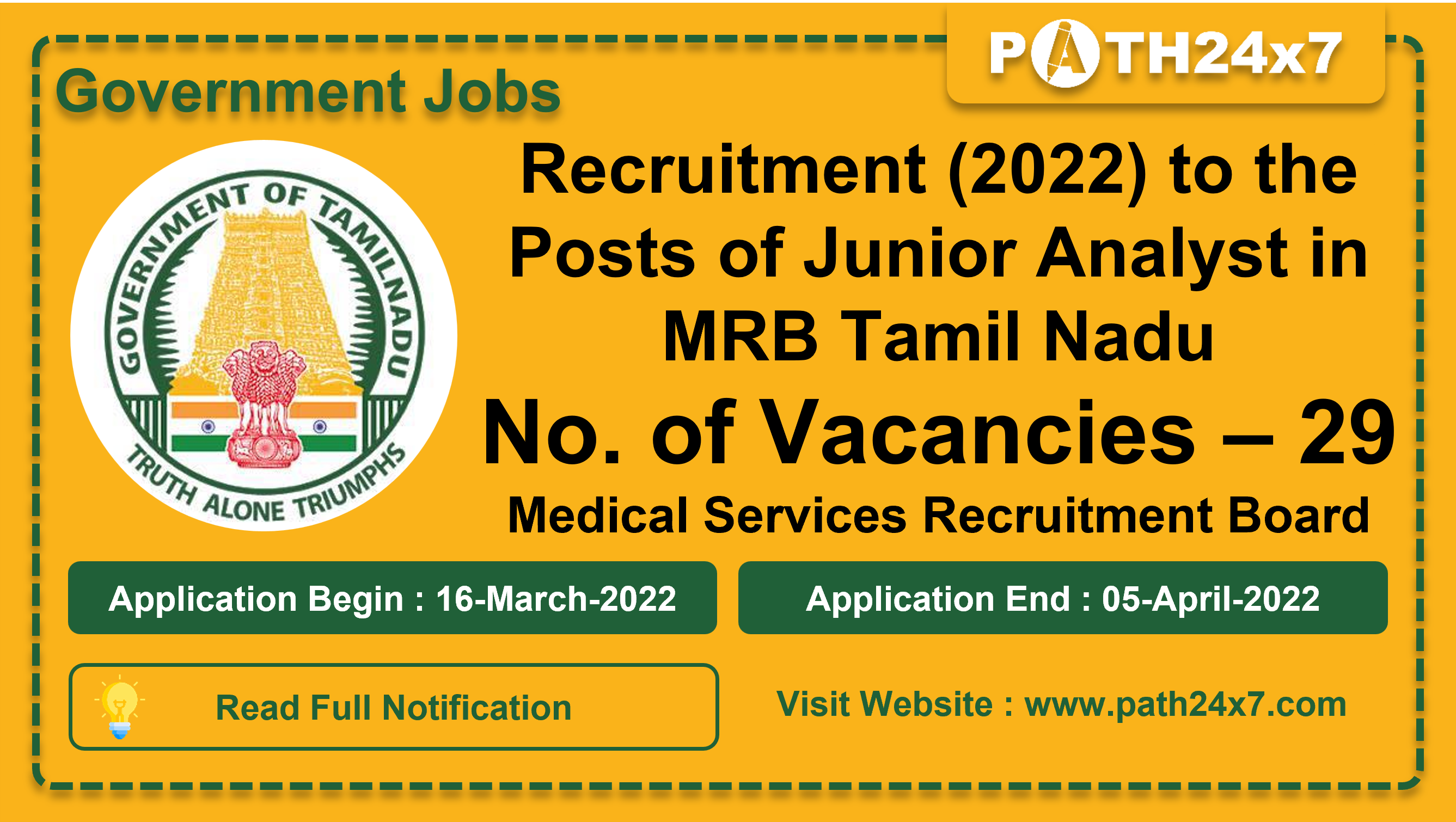 Recruitment (2022) to the Posts of Junior Analyst in MRB Tamil Nadu, No. of Vacancies - 29, Important Dates, Application Fees, Age Limit, Pay Scale, Educational Qualification, Physical Criteria, Vacancy Details, How to Apply By Online | Medical Services Recruitment Board (MRB)